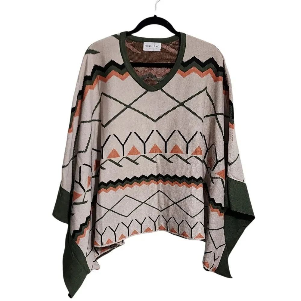 First Love Poncho Sweater 1X Oversized Cream Geometric Boho Cowgirl Western